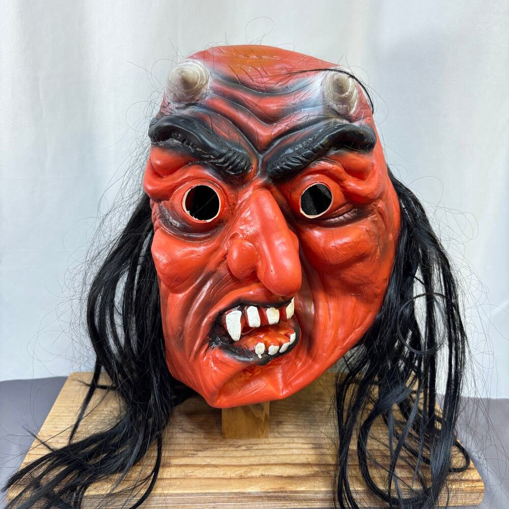 VTG 1970s Red Devil Demon Halloween Mask Stringy Black Hair Grotesque Rubber?
